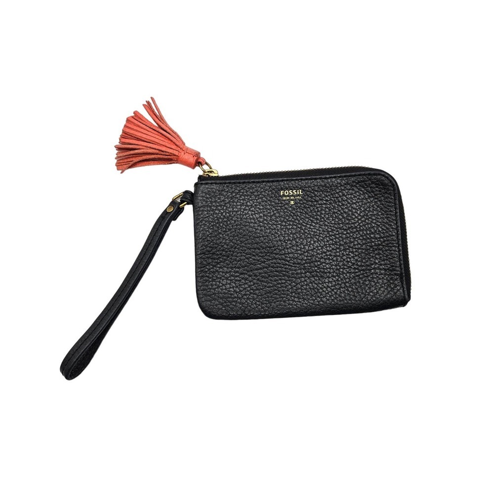 Fossil Black Pebbled Leather‎ Wristlet Clutch With Orange Tassle Zipper Close